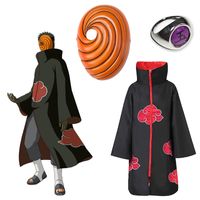Wholesale 3pcs Akatsuki Uchiha Tobi Obito Anime Japanese Ninja Cosplay Costume Accessories Props Red Cloud Cloak Halloween Mask Ring Suit