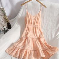 Wholesale Casual Dresses Women s Holiday Dress V neck Sling Solid Color Beach Style Sexy Backless Swing Women Pink Dreess Aq1035