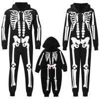 Wholesale Halloween Family Matching Outfits Fashion Skeleton Print Hooded Jumpsuit Pajama Look Father Mother Kids Costume