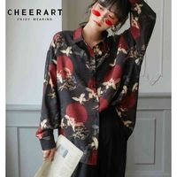 Wholesale CHEERART Japanese Fashion Long Sleeve Blouse Fall Women Vintage Top Crane Print Loose Button Up Shirt Autumn Clothing