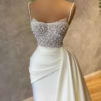 Wholesale Luxury Pearls Spaghetti Evening Dress Beading Sequins Ruched Prom Gowns Satin Sweep Train Mermaid Party Dresses