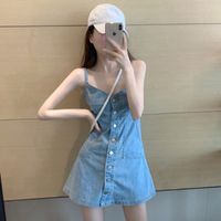 Wholesale Casual Dresses Mini dressed women s cotton jeans sleeveless low cut sexy short single front with your back open WEJ