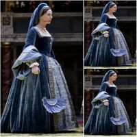 Wholesale Navy Blue Victorian Gothic Evening Formal Dresses Civil War Southern Velvet Lace Long Sleeve Square Halloween nun Prom Gowns