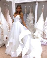 Wholesale Sexy Spaghetti Straps Open Back Cheap Wedding Dress White Satin Ruffles Puffy Tulle Beach Bridal Gowns Vestidos De Noiva