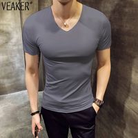Wholesale Men s Summer Sexy Breathable shirts Male Solid Color V neck T Shirt Casual Short Sleeve Fitness tshirt Plus Size XL kg