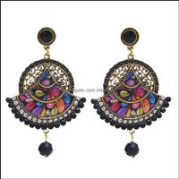 Wholesale Dangle Chandelier Earrings Jewelry Indian Fan Shaped Mandala Flower Gold With Mticolor Crystal Beads Chain Tassel Stud For Women Drop Deli