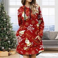Wholesale Casual Dresses Women Winter Hooded Dress Fashion Christmas Prints Hoodies Bag Hip Long Sleeves Mini Navidad Drop
