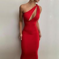 Wholesale Casual Dresses Cut Out Sexy Midnight Clubwear Maxi Solid One Shoulder Birthday Outfit For Women Slim Bodycon Party Dress