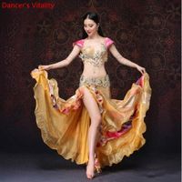 Wholesale Women Dancewear Belly Dance Clothes Oriental Dance Outfits Bra Belt Belly Skirt Beaded Golden Costume r2Ih