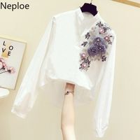 Wholesale Neploe D Embroidery Flower Blouse Women Shirts New Korean Long Sleeve V neck Blusas Korean Pullover Plus Size Tops