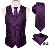 Wholesale Mens Silk Vest Party Wedding Purple Paisley Solid Floral Waistcoat Pocket Square Tie Slim Suit Set Barry Wang BM