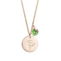 Wholesale Shiny Birthstone Months Flower Necklace Dainty Rose Gold Coin Engraved Stainless Steel Pendant Necklaces for Women Gift Mother s Day Present