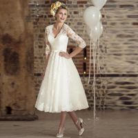 Wholesale Vintage Deep V Neck Tea Length Shorts Applique Lace Beach Wedding Dress Sash Three Quarter Sleeve Sheer A Line Bridal Gowns Custom Made