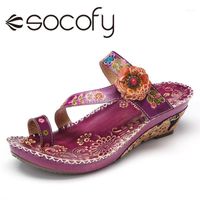 Wholesale Sandals SOCOFY Women Floral Embossed Stitching Adjustable Strap Leather Toe Ring Slides Casual Outdoor Wedge