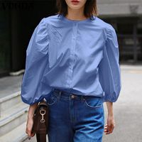 Wholesale Women s Blouses Shirts Women Solid VONDA Autumn Baggy Tops Color Bohemian Blusas Femininas Loose Sleeve Button Up Streetwears