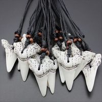 Wholesale Europe Imitation Yak Bone Carving Shark Tooth Charm Pendant Wood Beads Necklace Amulet Gift
