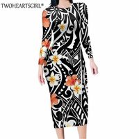 Wholesale Casual Dresses Women Dress Package Hip Long Sleeve Black Polynesian Traditional Tribe With Plumeria Bodycon Party Robe Femme