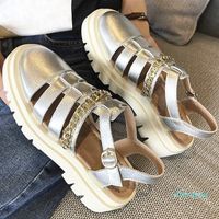 Wholesale Sandals Platform Wedges Leather Mid Heel Shoes T Strap Round Toe Female Footwear Buckle Summer Black Silver
