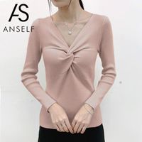 Wholesale 2019 Autumn Sweaters For Women Knit Sweater Front Twisting Knot V Neck Long Sleeve Solid Slim Knitwear Pullover female tunic top