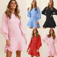 Wholesale Autumn Winter Ladies Casual Knitted Dress Women Plus size Clothing Puff Sleeve Round Collar Solid Color Pullover Slim cut Sweater Dress Middle Skirt A lineskirt