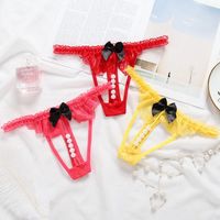 Wholesale Girls Lace Low Rise Pearl Women s g string Bow knot Open crotch sexy panties for woman underwears lingeries pants Clothes Black red