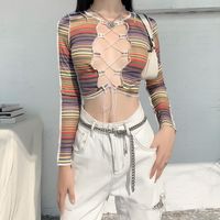 Wholesale Women s T Shirt Spring Autumn Women Sexy Striped Crop Tops Long Sleeve Hollow Out Lace Up Slim Fit Rib Knit