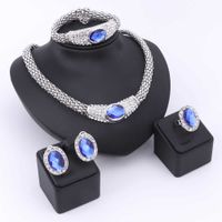 Wholesale Luxury Europe Romantic Blue Gem Gold Plated Crystal Necklace Earrings Ring Bracelet Bridal Jewelry Sets for Women Wedding Party
