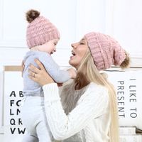 Wholesale Fashion Parent child Caps Cute Infant Baby Winter Double Fur Ball Hat Mother Kids Knitted Warm Hats Newborn Beanie Cap XDJ077