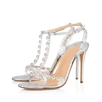 Wholesale Brand Silver Glitter Beaded High Heel Sandals T Bar Strap Studded PVC Dress Shoes Cut out Gladiator Heels Wedding Bride