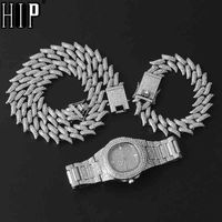 Wholesale Hip Hop MM KIT Watch Necklace Bracelet Bling AAA Iced Out Alloy Rhinestones Thorns Cuban Link Chains For Men Jewelry