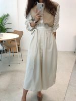 Wholesale Casual Dresses Fake Two Pieces Striped Long Dress Women Full Sleeve Single Breasted Belted Vintage Female Vestidos Femme