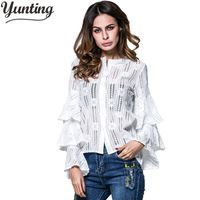 Wholesale Women s Blouses Shirts Sexy White Black Lace Blouse Shirt Women Tops Elegant Flare Hollow Out Summer Female Long Sleeve Blusas
