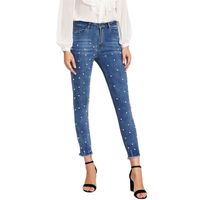 Wholesale Softener Pearl Beaded Frayed Hem Jeans Casual Womens Skinny Jeans Denim Autumn High Waist Bleached Women Zipper Pants