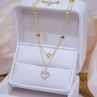 Wholesale 14k Real Gold Double Layer Heart Necklace Shining Bling Zircon Women Clavicle Chain Elegant Charm Wedding Pendant Jewelry Chains