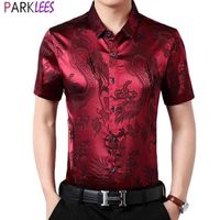 Wholesale Wine Red Silk Satin Shirts for Men Summer Fashion Chinese Dragon Jacquard Mens Dress Shirts Casual Button Down Chemise XL