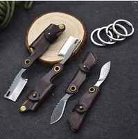 Wholesale Special Offer Small Keychain Folding Blades Knife D2 Satin Blade Cow Leather Sheath Handle Knives EDC Tools