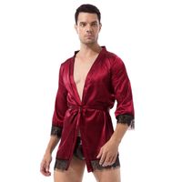 Wholesale Men s Sleepwear Men Sissy Nightwear Satin Long Sleeve Open Front Bathrobe Lace Trim Belted Kimono Night robe