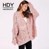 Wholesale Women s Sweaters HDY Haoduoyi Winter Women Sweater Pink Thin Mesh V Neck Cardigans Loose Casual Knitted Tops Single Button Open Stitch