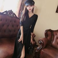 Wholesale Casual Dresses Autumn Small Sexy Low cut Long sleeved V neck Temperament Black Dress Tied With Over the knee A Fork
