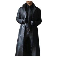 Wholesale Men s Trench Coats Long Cardigan Button Solid Pu Windbreaker Coat Color Leather Sleeve