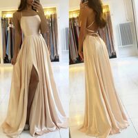 Wholesale Sexy Long Prom Dresses Criss Cross Back Candy Color Elastic Silk like Satin Spaghetti Strap Slit Evening Party Dinner Birthday Date Gowns