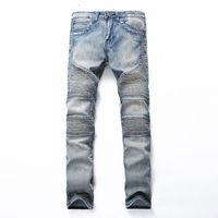 Wholesale Men knee ripped jeans lapel locomotive pants men printed stripes straight motorcycle jeans slim version pants large size ax