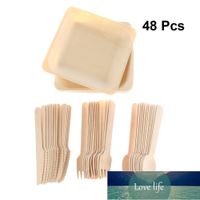 Wholesale 48pcs Disposable Cutlery Set Biodegradable Wooden Dinner Utensils Salad Dessert Plates Spoons Forks Knives Party Supplies