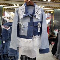 Wholesale Women s Jackets Short Denim Jacket For Women Autumn Korean Fashion Loose Lace Stitching Jean Coats Ins Top Outwear Mujer