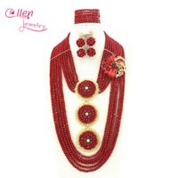 Wholesale Earrings Necklace Long Red African Nigerian Wedding Bridal Beads Jewelry Set Style Crystal Beaded Women WS5445
