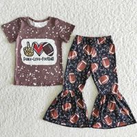 Wholesale Baby Girl Spring Boutique Outfit Fashionable Kids Brown Peace Love Football Shirt Bells Pants Summer Children Clothes P0831