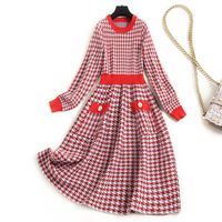 Wholesale Casual Dresses Runway Fashion Women Fall Winter Houndstooth Knitting Sweater Long Sleeve Clothes Vintage Robe Femme Vestidos
