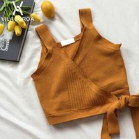 Wholesale Cotton Solid Tanks for Women Sexy Open Back White Crop Top Cross V neck Slim Women s Khaki Lace Up Knit Camis
