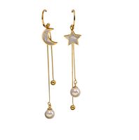 Wholesale Fashion designer titanium stainless steel lovely cute moon star tassel long drop pearl dangle stud earrings for women girls students