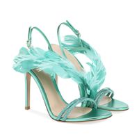 Wholesale Summer Stilettos Women s Open Toe sandals Leather Rhinestone High Heels Blue Feather Party Dress Shoes Mujer